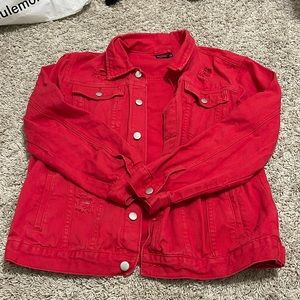 Red distressed denim jacket